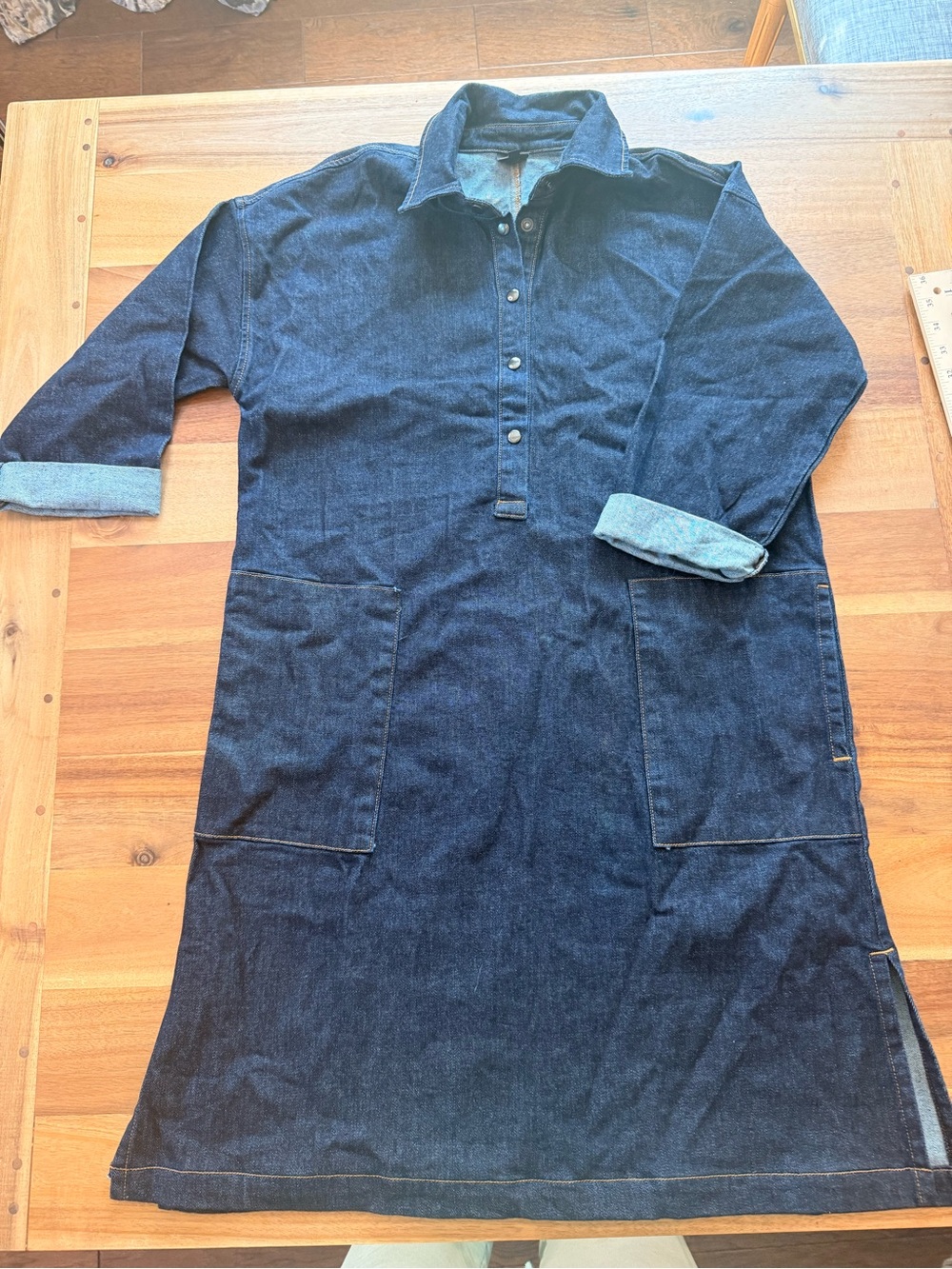 Denim Shirt Dress with Patch Pockets - Dark Blue